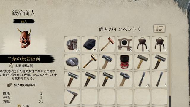 鍛冶用品の交易所で販売しているアイテム