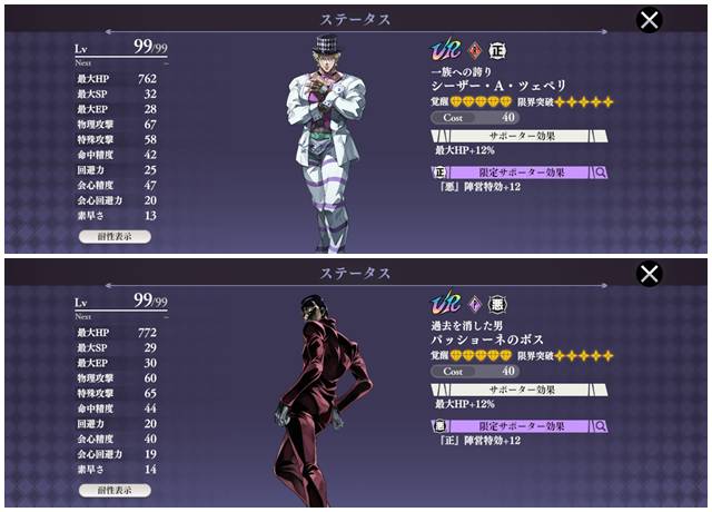 「シーザー・A・ツェペリ」と「パッショーネのボス」の性能比較