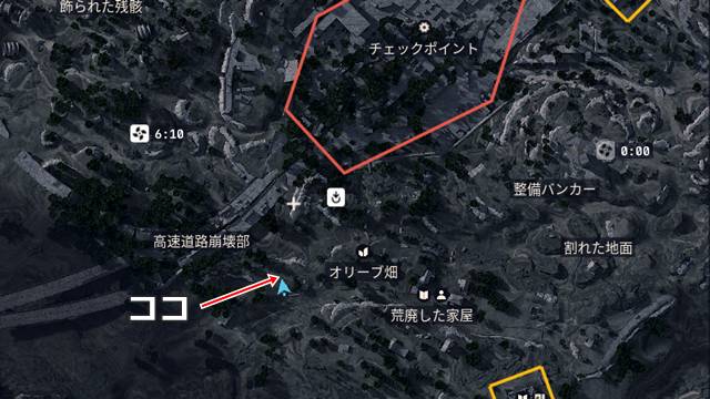 オリーブ畑の近くの通信端末の場所