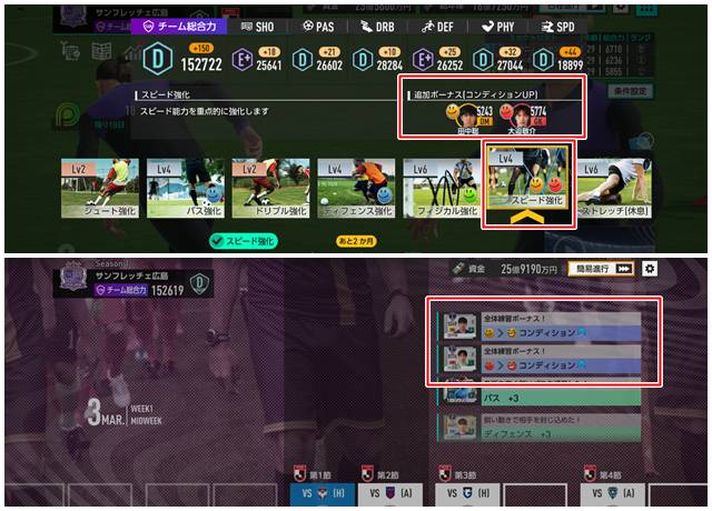 全体練習の追加ボーナス対象選手