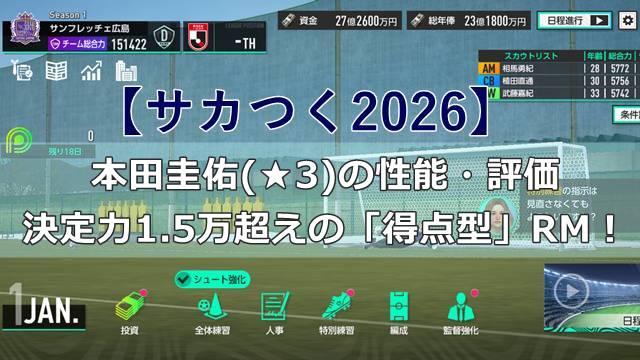 【サカつく2026】本田圭佑(★3)の性能・評価｜決定力1.5万超えの「得点型」RM！