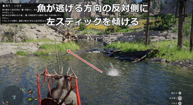 魚が逃げる方向の反対側に左スティックを傾ける