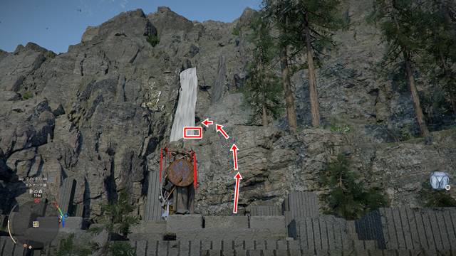 滝の中腹辺りにある岩場