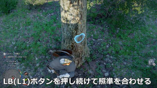 木に近づき、LB(L1)ボタンを押し続けて照準を合わせる