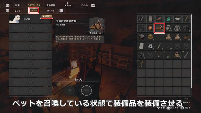 ペットに装備品を着せる方法